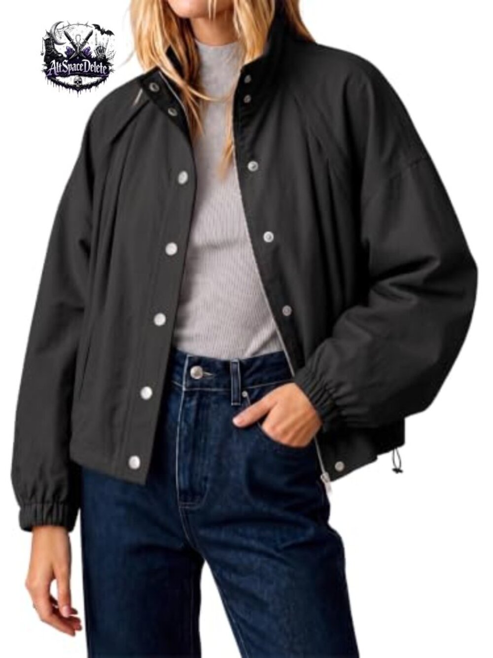 Womens Cropped Bomber Jacket Button Down Stand Collar Fall Coat